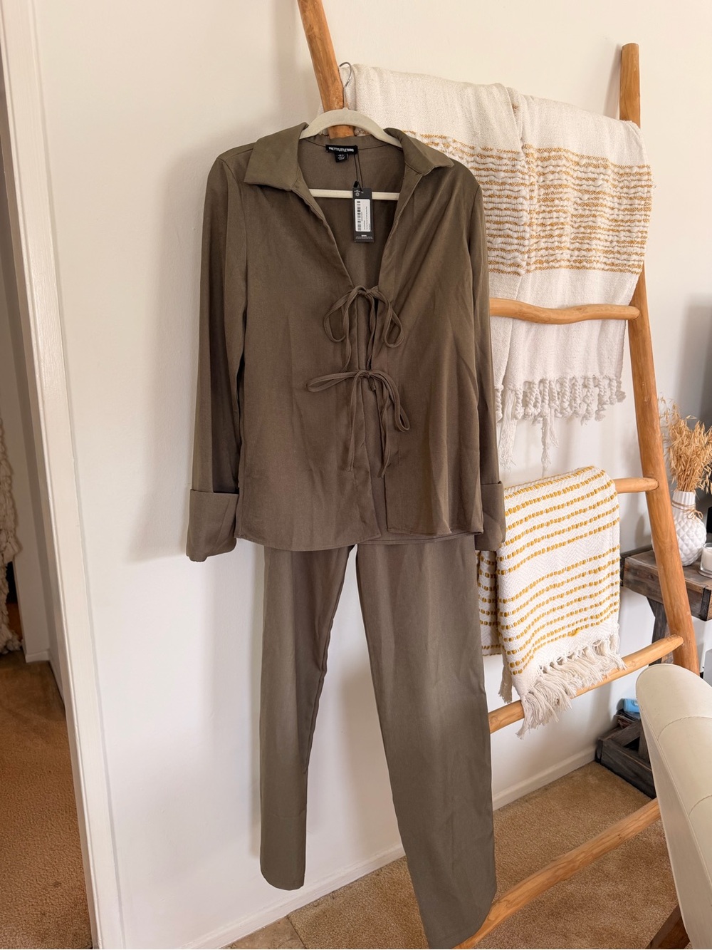 Khaki Tie-Front Pants Set